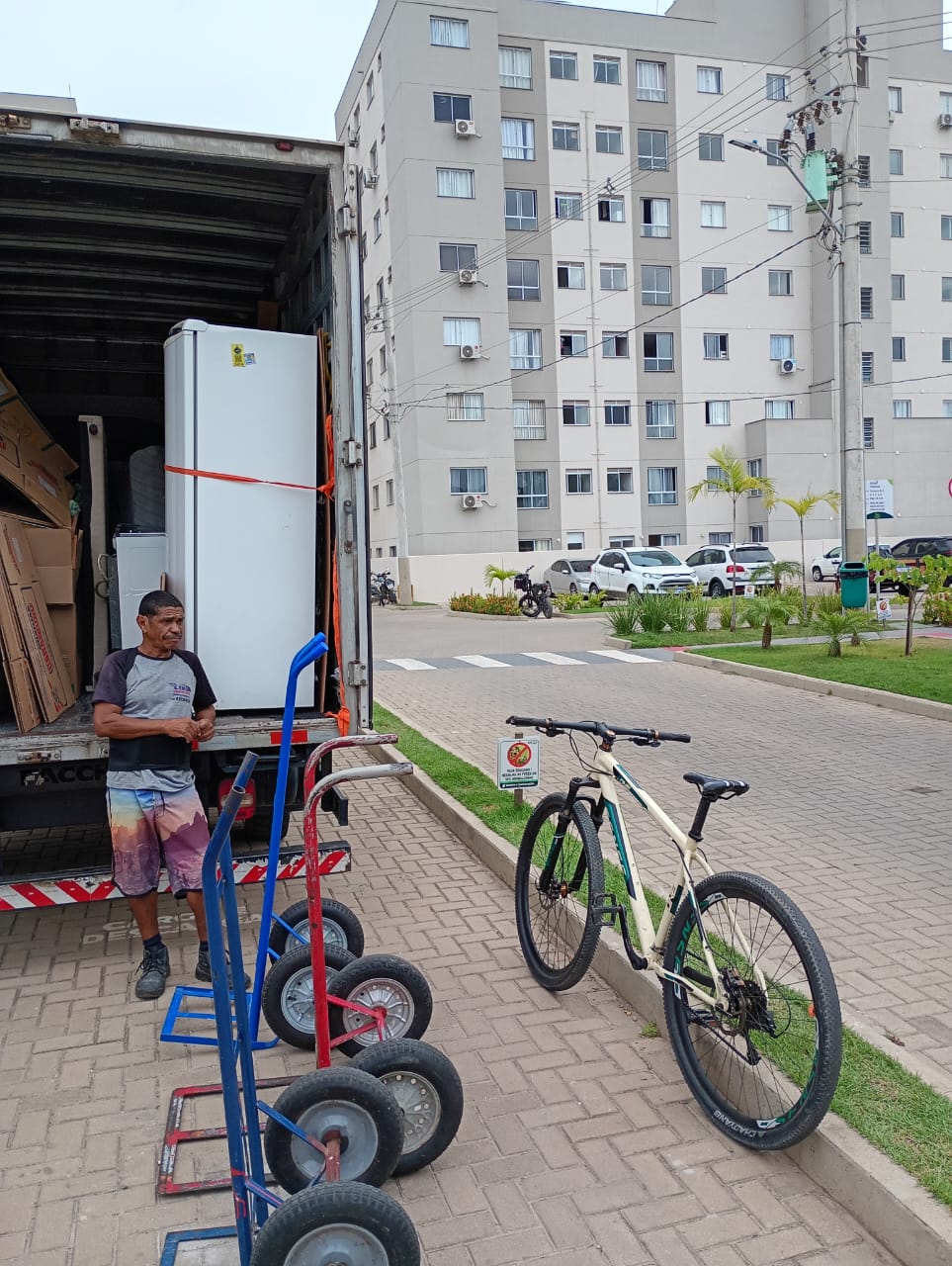 Ajudante de uniforme e cinta ao lado do caminhão baú, com geladeira amarrada e carrinhos de carga na calçada